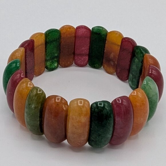 Multicolor Oval Natural Gemstone Stretch Bracelet Red Green Yellow Orange - Picture 3 of 16
